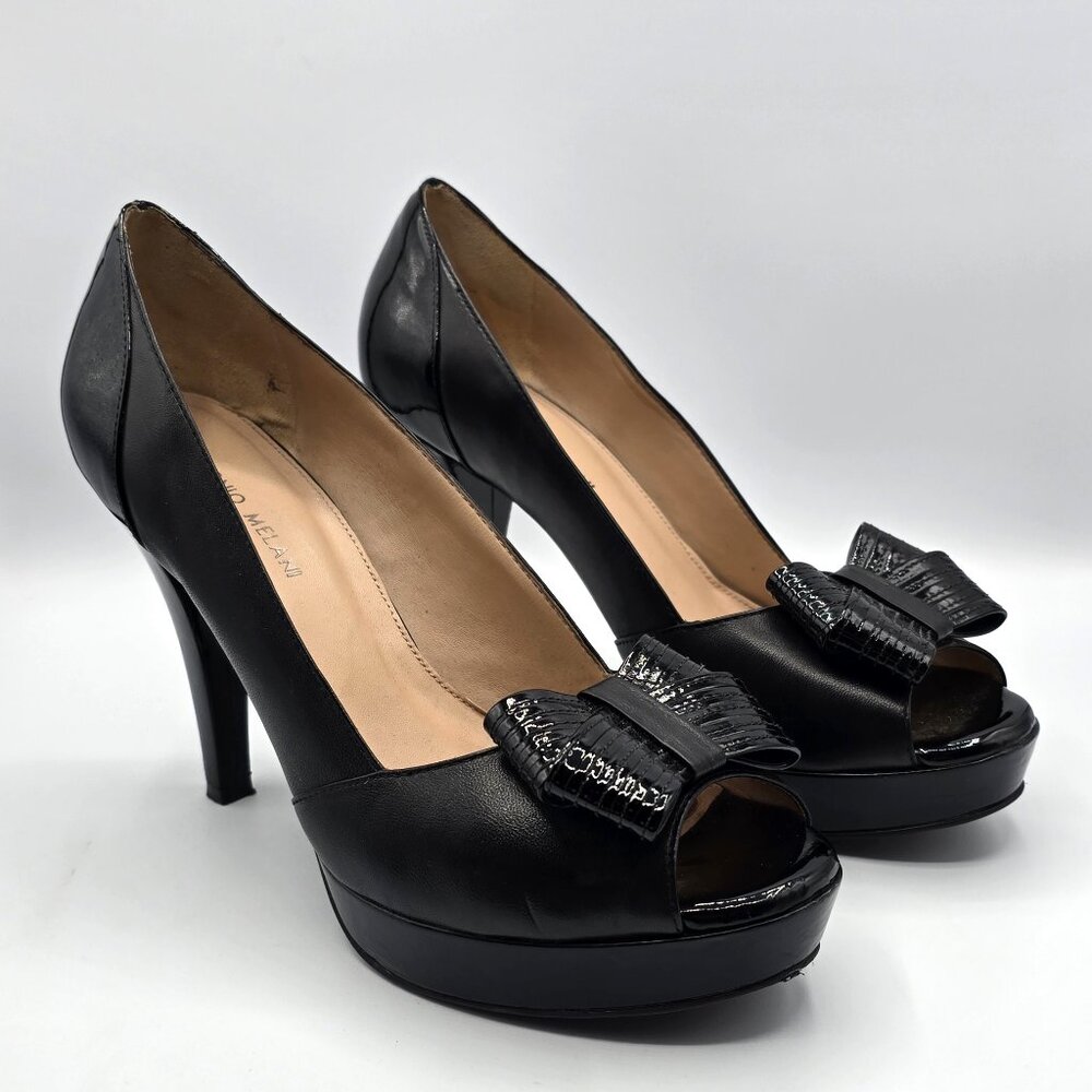 Antonio Melani Black Leather & Patent Leather Peep Toe Heels with Bow Size 10